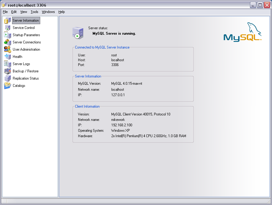 La finestra principale di
            MySQL Administrator
