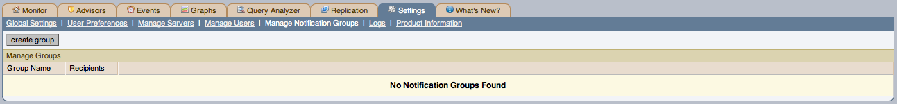 MySQL Enterprise Dashboard: Manage Notification
          Groups