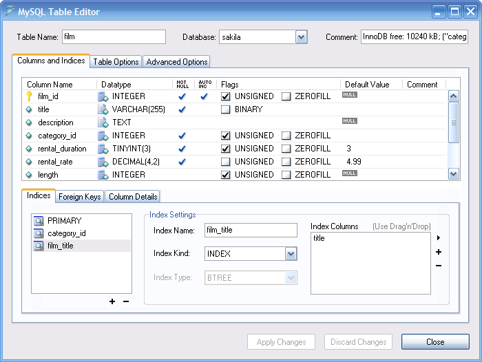 The MySQL Table Editor