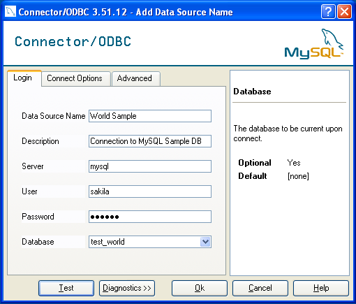 Beispiel: MySQL ODBC DSN
            Configuration-Dialog
