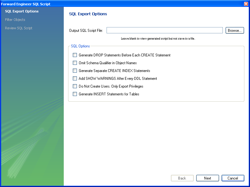 SQL Export Options