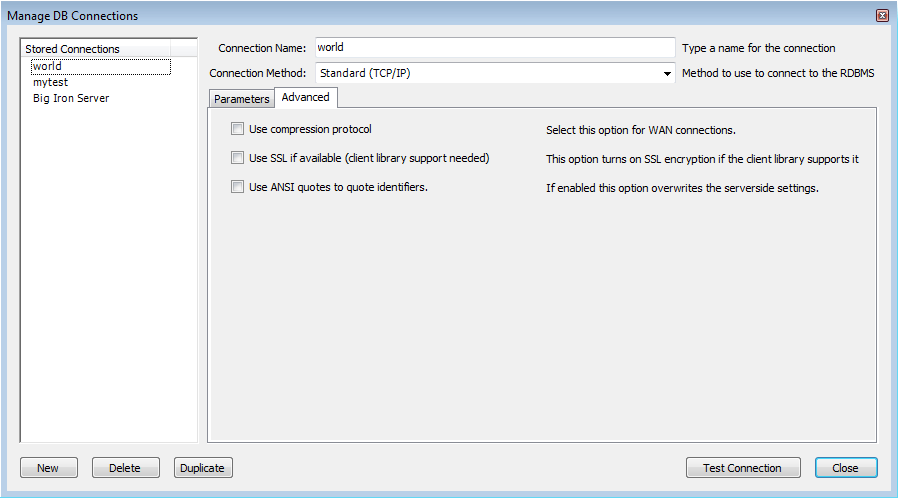 Manage DB Connections - Advanced
          Tab