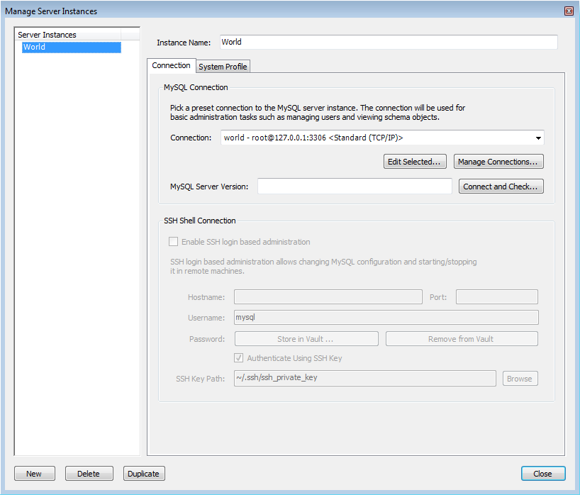 Manage Server Instances Dialog